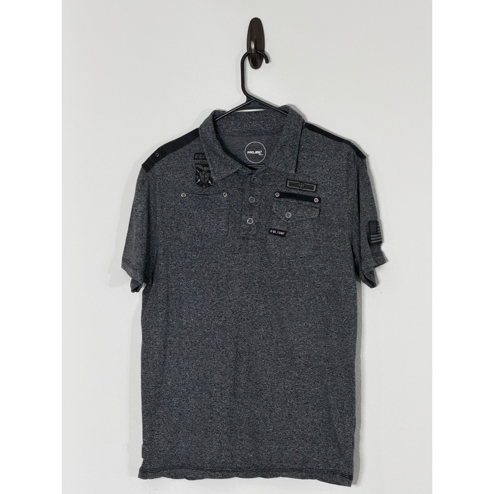 Projek Raw Mens Charcoal Grey Military Tactical Patch Polo Shirt Short Sleeve